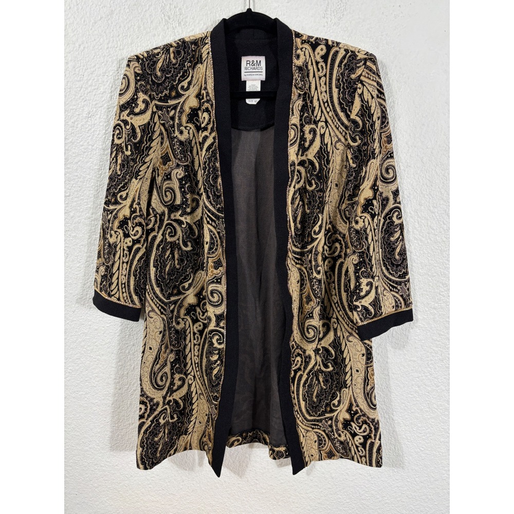 Vintage R&M Richards Jacket Size 10 Black Gold Paisley Metallic Open Front *flaw